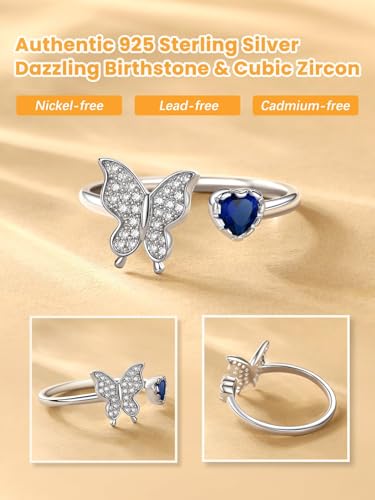 Bestyle 925 Sterling Silver Butterfly Ring Hypoallergnic Adjustable Birthstone Rings for Women Butterfly Jewelry Gifts for Anniversary Mothers' Day Birthday - color: 09.September (Sapphire)-Ring Delicate