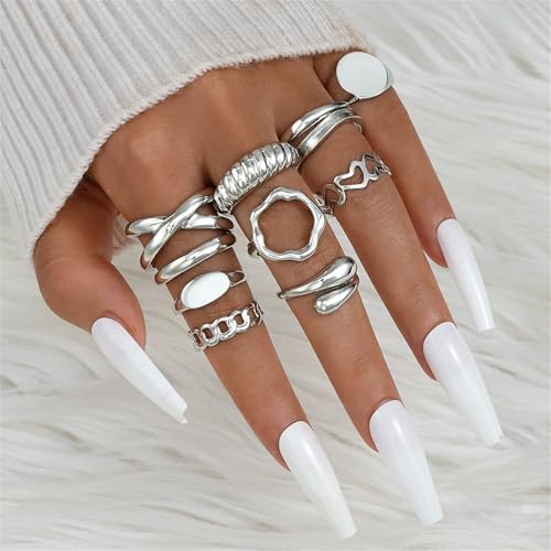 Knuckle Rings Set for Women, Chunky Stackable Joint Finger Statement Rings Vintage Adjustable Hollow Carved Midi Ring Pack Punk Aesthetic - style: B-10Pcs