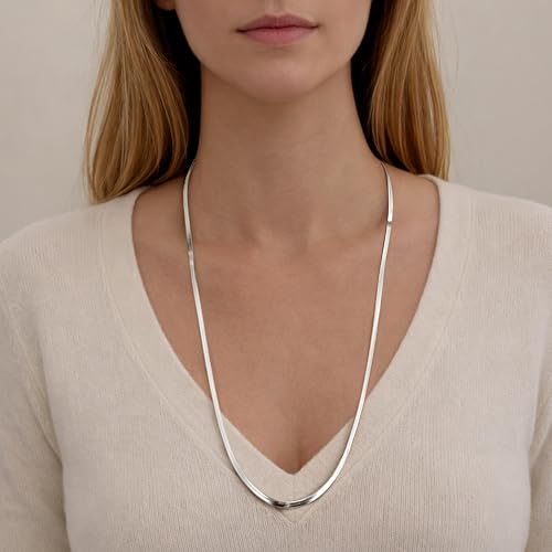WomenGifts 14K Gold Silver Plated Herringbone Necklace for Women, Dainty Snake Chain Choker, Trendy Simple Long Layered Jewelry Non Tarnish, 3/4/5/8mm,14,16,18,20,22,24,26 Inch Thin & Chunky Options - color: Silver, style: 3mm-26inch