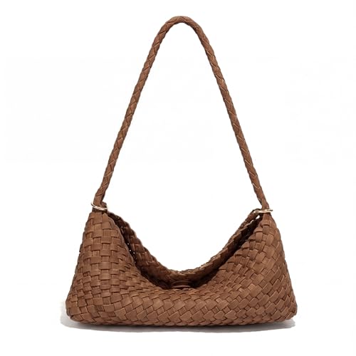 Premium Woven Shoulder crossboby Bag for Women, Slouchy Hobo Handbag with Braided Strap and Matching Zipper Pouch - color: Coffee Brown