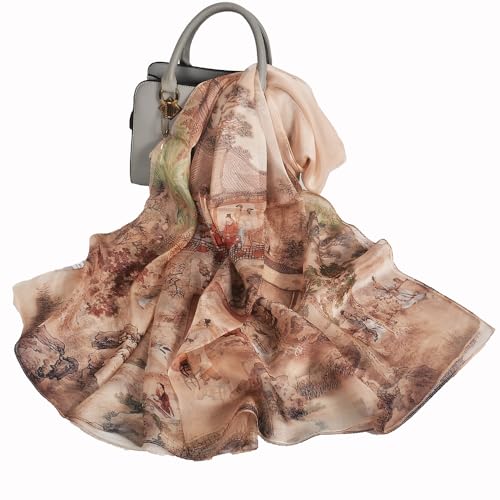 100% Mulberry Silk Women's Neck Silk Scarf-Lightweight Shawl,FLoral Print Beach Silk Wrap-Scarves for Photography - color: Khaki
