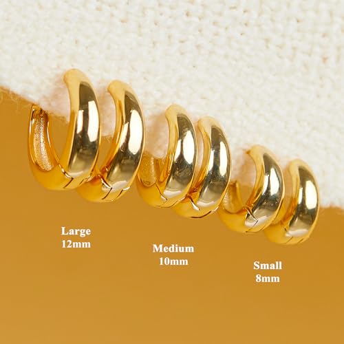 Poxtex Small Sterling Silver Huggie Hoop Earrings Set for Women, Hypoallergenic 14K Gold Plated Hoops Stacks for Multiple Piercings, Dainty Cute Mini Lightweight Cartilage Studs Trendy Jewelry Gift - color: Gold-chunky hoops 8 10 12