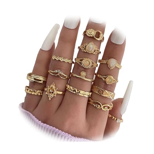 FAXHION 24-60 Pcs Gold Stackable Rings for Women, Knuckle Rings Chunky Gold Ring Set Dainty Stacking Cute Rings, Multiple Sizes Cute Jewelry Set Gift - style: Vintage