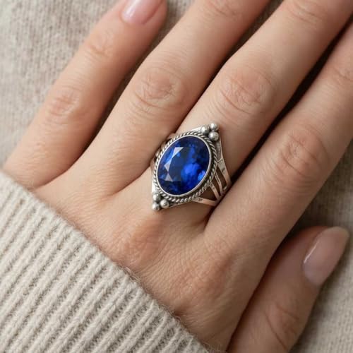 Handmade 925 Sterling Silver Plated Ring Natural Gemstone Carnelian, Rose Quartz, Tiger Eye, Crystal Oval Boho Jewelry For Women - color: Blue Sapphire Simulated