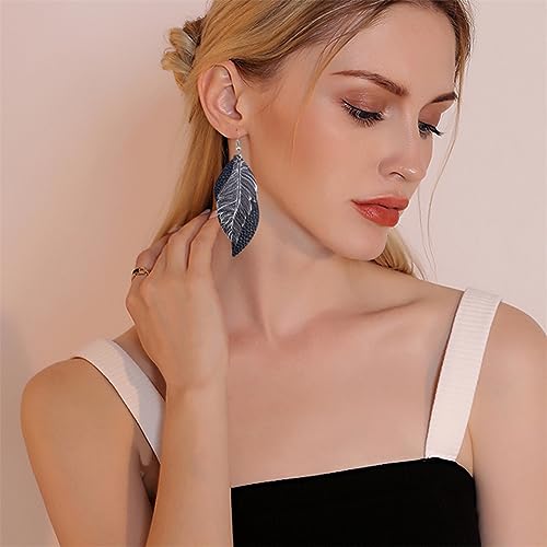 ANXIN boho unique Leather Earrings 2 Layered Lightweight Faux Leather Leaf Earrings Layered Design Drop Earrings Gift for Women - color: Black Faux Leather Leaf Earrings