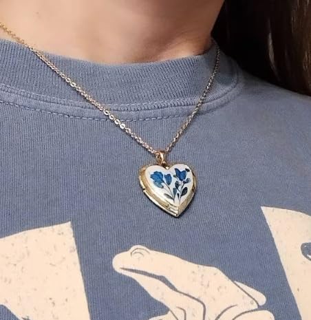 Handmade Dried Pressed Flower Heart Shaped Photo Locket Pendant Necklace - color: Silver, style: Blue Flower on White
