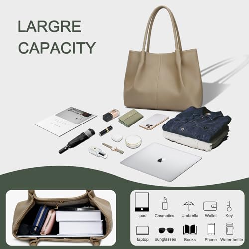 KKXIU Tote Bag for Women Vegan Leather Shoulder Purse Large Capacity Travel Bag - color: Khaki