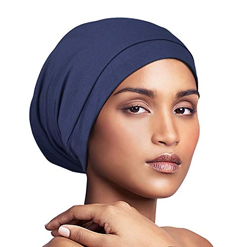 Alnorm Cozy Satin Lined Hat Slumber Cap Slouchy Skull Hat Cotton Bonnet Navy - color: Navy