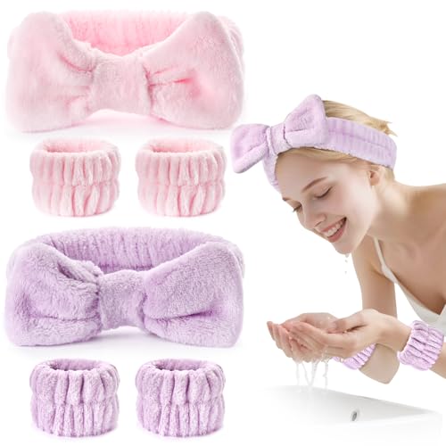 Dorbetar 6Pack Headband and Wristband Set for Washing Face, Spa Skincare Makeup Headband, Soft Puffy Hair Band Bow Tie, for Women and Teen Girl Trendy Stuff Gifts - color: Pink+purple