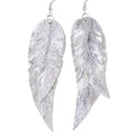 Black shiny Leather Feather Earrings for Women, Lightweight Minimal Boho Dangle Earrings, Small Simple Everyday Jewelry - color: Silver metallic