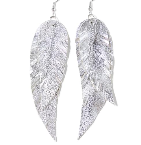 Black shiny Leather Feather Earrings for Women, Lightweight Minimal Boho Dangle Earrings, Small Simple Everyday Jewelry - color: Silver metallic