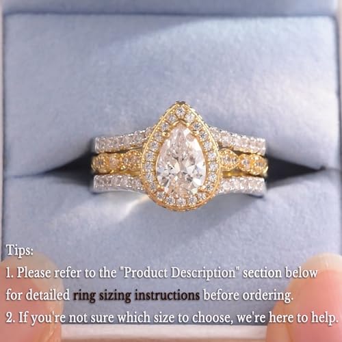 Newshe Jewellery Wedding Rings for Women Bridal Sets Sterling Silver Engagement Ring Enhancer Pear Cubic Zirconia Anniversary Promise Band Size - color: Cubic Zirconia-18k Yellow Gold Plated