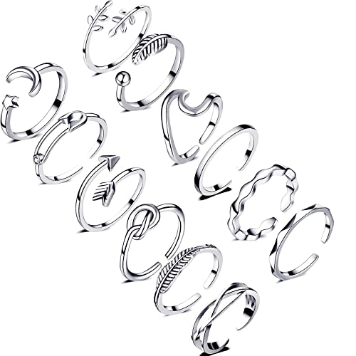 Honsny 12PCS Silver Plated Rings Adjustable Open Rings for Women Cute Gold Plated Stackable Thumb Rings Joint Chain Midi FingerArrow Knot Wave Band Rings Set - color: 12PCS Silver A
