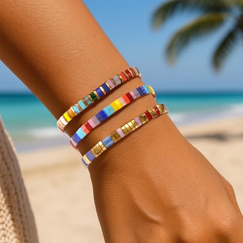 Tila Flat Beaded Stretch Bracelet for Women,Bohemian Friendship Bead Bracelets Handmade Stack Boho Jewelry Accessory for Everyday Wear, Vacation and Friend Gifts - color: colors-02