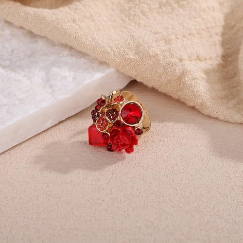 Jumwrit Shiny Crystal Flower Ring Statement Adjustable Open Band Wrap Finger Ring Square Rhinestone Floral Cocktail Ring Party Bridal Wedding Jewelry Vintage Boho Knuckle Ring for Women - color: Red