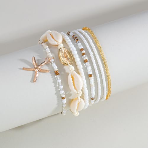 ZMANYIJEW Shell Ankle Bracelet Set for Women, Boho Pearl Adjustable Anklet,Beaded Layered Ankles Bracelets Shell Pendant Elastic Foot Chain Anklets for Women - style: 7pcs