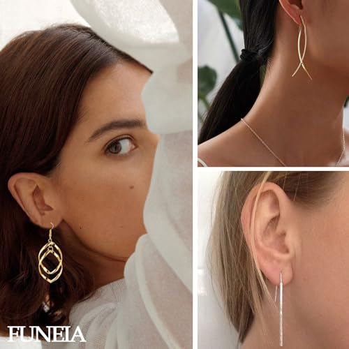 FUNEIA 6 Pairs Drop Dangle Earrings for Women Long Bar Double Twist Wave Curved Threader Cut Out Leaf Lightweight Earrings Set - color: B:Gold