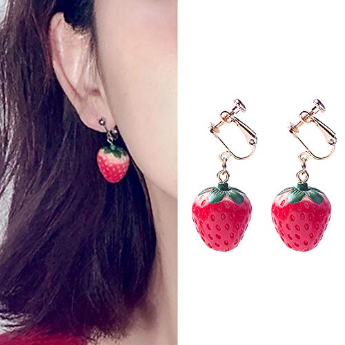 Cute Strawberry Earrings for Women-3D Acrylic Strawberry Drop Dangle Earring Costume Accessories Halloween Christmas Party Jewelry - style: C:Ear clip