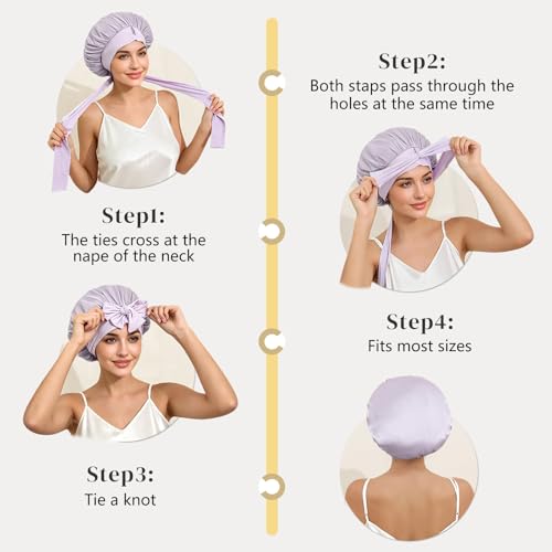 ZIMASILK 100% Mulberry Silk Bonnet for Sleeping Women Long Hair Double Layer Silk Hair Wrap with Tie Band Stay On Head (1Pc, Purple) - color: Purple
