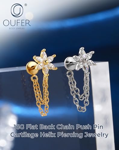 OUFER 16G Chain Cartilage Piercing Jewelry-316L Surgical Steel Gold Flat Back Push Pin Helix Earring, Star Clear CZ Double Chain Lobe Piercing Jewelry - style: Flower-Gold