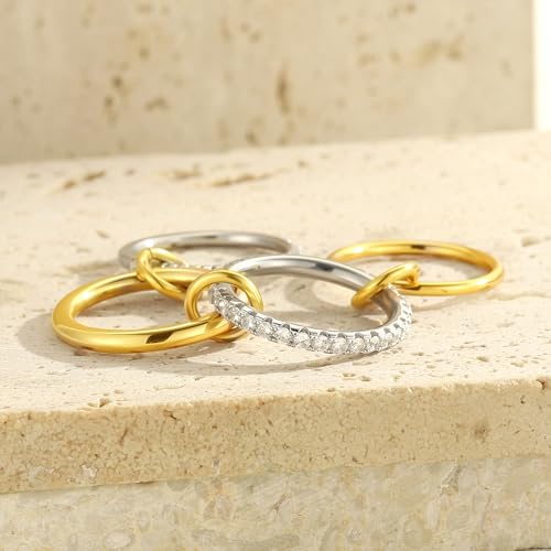 Gold Stackable Rings for Women Non Tarnish, 18k Gold Plated Cubic Zirconia Rings, Exquisite Silver Gold Multi Ring Mixed Metals Stack Jewelry Set Size 6-10 - color: 4PCS, size: 9