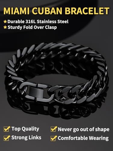 ChainsHouse Stainless Steel Cuban Link Bracelet, 8mm/12mm/17mm Width, 7.5"/8.3"/9", 18K Gold Plated Chain Wrist Bracelets for Men Women, Send Gift Box - color: I: Black-12mm width