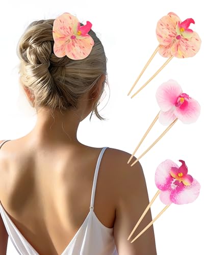 WELROG 3 Pack Hawaiian Orchid Flower Hair Pins,Metal Hair Sticks for Beach Vacation,Non-Slip Fork for Thick Hair Updo - color: Pink1+Pink2+Orange