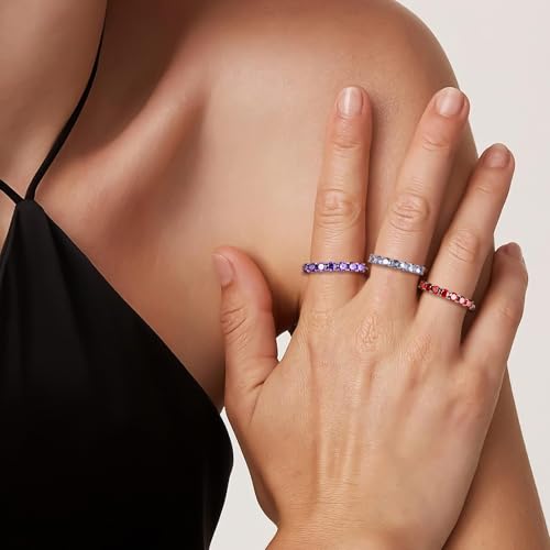 3.5mm Stackable Rings S925 Sterling Silver Created Birthstone & Cubic Zirconia Ring for Women Wedding Bands Anniversary Birthday Jewelry Size 6 to 10(with Box) - color: 03-Created Aquamarine-Mar