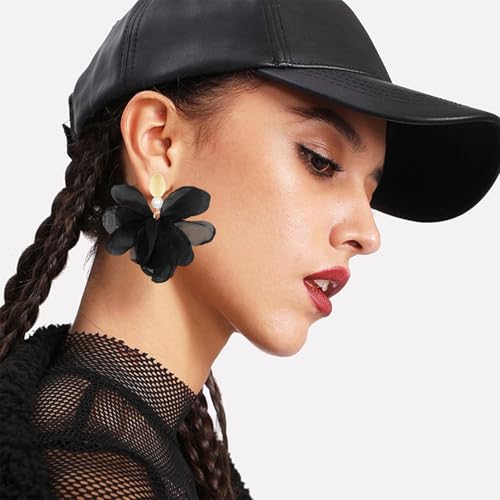 Handmade Fabric Flower Petal Fringe Dangle Drop Earrings Bohemian Floral Tassel Stud Earrings For Women - color: Black