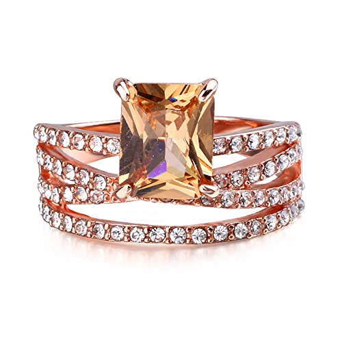WDIYIEETN Fashion Jewelry 14k Rose Gold Shiny Square Champagne Zirconia CZ Crystal Diamond Wedding Ring Size 5-11 for Women(6) - size: 6