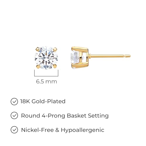 Amazon Essentials Plated Sterling Silver Cubic Zirconia Stud Earrings (Round & Princess) - color: White/Yellow Gold, size: 6.5 mm, style: Round Cut
