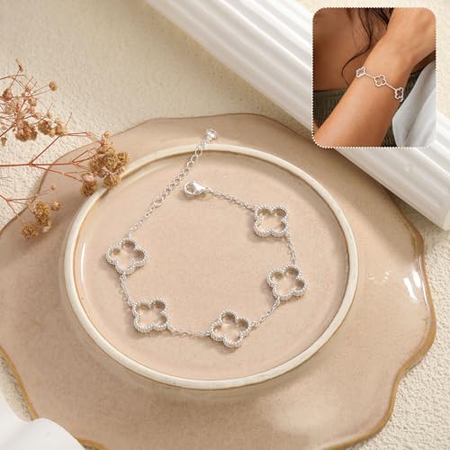 Dainty Silver Gold Bracelets for Women Trendy Non Tarnish 14K Gold Plated Cute Clover Bracelet Stackable Daisy Cubic Zirconia Diamond Charm Bracelet Stack Waterproof Jewelry Gifts - color: I- Silver Bracelet