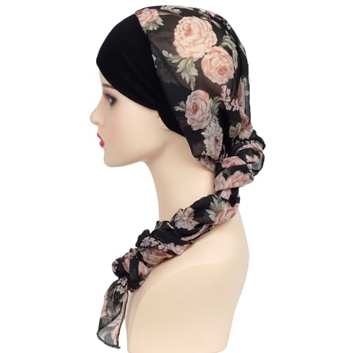 Headwear Turbans for Women - Lightweight Head Scarf for Women's Hair Chiffon Elegant Headwraps Hats - color: Black-peony