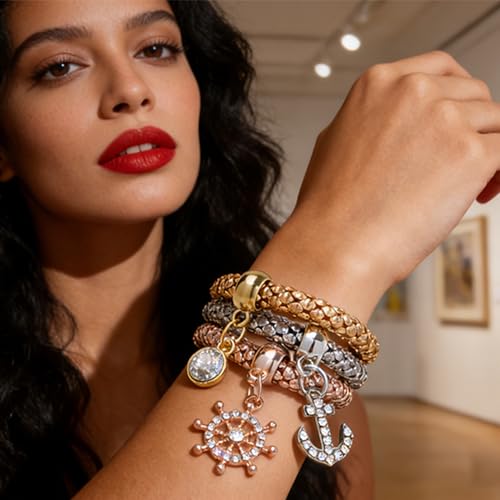 Alegend Titanium Steel (Not Rust, Resist Corruption, Easily Clean) 18K Gold Plated Single Bracelets + 14K Gold Plated Stackable Multilayer Bracelets - style: 14KGold Anchor & Ship Wheel Diamond-Inlaid