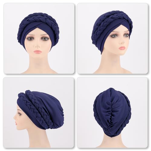 African Women Turban Caps Pre-Tied Twisted Turbans Head Scarf for Women Hair Wraps Cover Beanie Cancer Chemo Headwear - color: 1 Pack Double Twisted Braid: Navy Blue