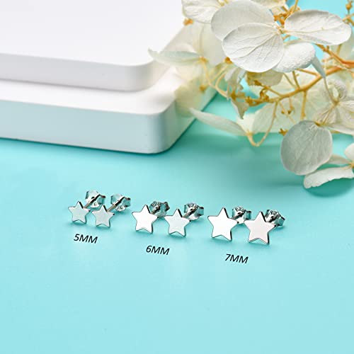3 Pairs 925 Sterling Silver Star Stud Earrings for Women,Tiny Simple Geometric Stud Earrings Set Small Hypoallergenic Cartilage Tragus Ear Jewellery for Men (3/4/5mm) - color: 09 Silver-3Pairs-5/6/7mm