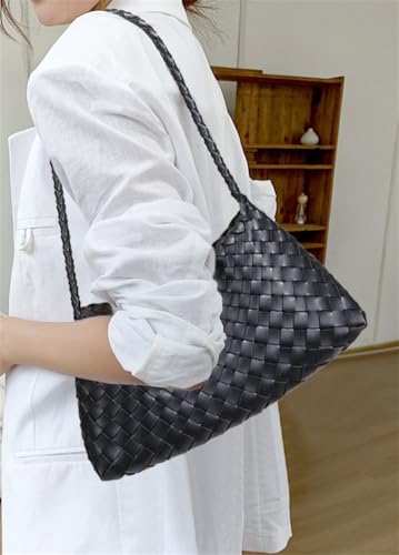 Woven Hobo Bags for Women Suede Woven Tote Bag Trendy Bucket Purse Underarm Shoulder Bag Vintage Tote Handbag Clutch Purses - color: Black