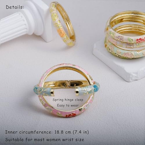 Vintage Flower Cuff Bangles Gold Plated Cloisonne Chinoiserie Peony Floral Elegant Bracelet Gifts For Women - color: royal blue