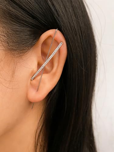 Ear Wrap Hook Earrings for Women Fashion Ear Cuff Crawler Earrings Silver Gold Long Piercing Crystal Curve Style Earring Stick Ear Wrap Earring Rhinestone Trendy Jewelry Gifts - color: slash-silver