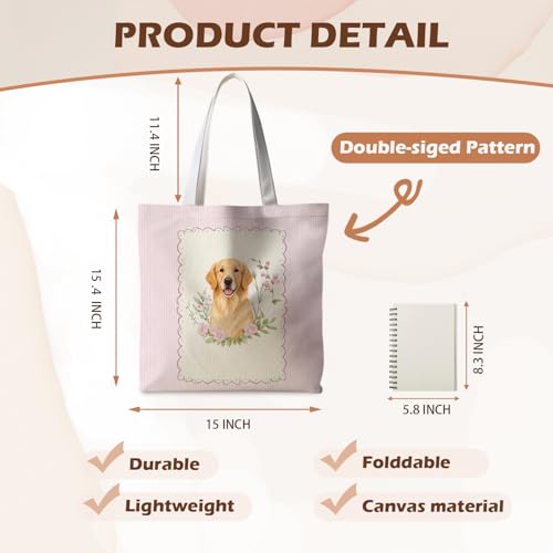 Preppy Animal Tote Bag, Pet Canvas Tote Bag, Reusable Grocery Shopping Shoulder Bags - color: Golden Retriever