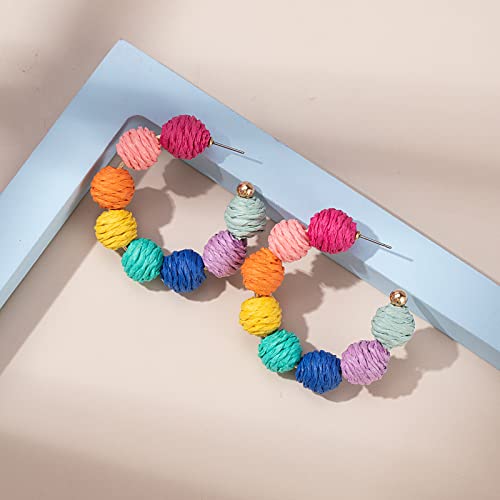 Raffia Hoop Earrings Statement Boho Beaded Earrings Cute Rattan Handmade Colorful Jewelry for Women Unique Summer Outfits - color: Rainbow
