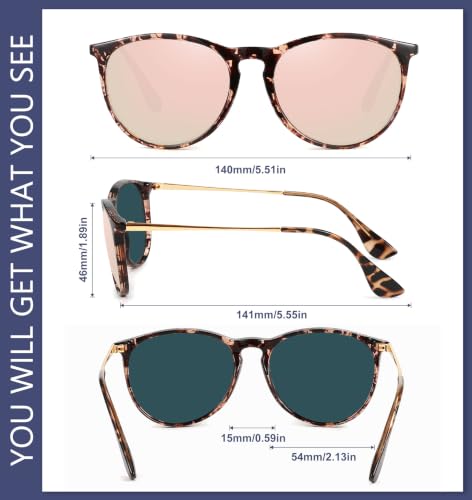 WOWSUN Retro Polarized Sunglasses Womens Trendy Round Classic Glasses - color: Black + Tortoiseshell Frame Pink Mirrored+ Blue Transparent Frame Blue Mirrored