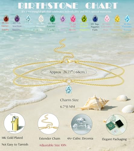 Birthstone Waist Chain for Women 14K Gold Plated Body Chain Adjustable Layered Belly Belt Chains Sparkle Beach Waist Beads Summer Bikini Waterproof Jewelry Accessories for Women Sexy - color: 03. March(Aquamarine)
