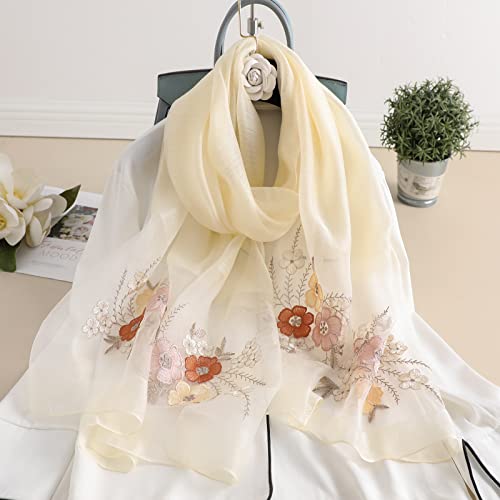 Jeelow Silk Blend Floral Fashion Scarf Shawl Wrap Lightweight Sheer For Women Floral Embroidery Wedding Party Prom - color: Petal Ivory Cream