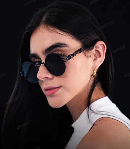 AIEYEZO Round Steampunk Sunglasses for Men Women Retro Circle Hippie Glasses Metal Frame 100% UV Blocking Lens - color: Black/Grey