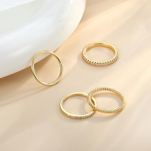 Florideco Stackable Rings for Women 14K Gold Plated Stackable Thin Ring Minimalist Non Tarnish Cubic Zirconia Band Rings Dainty Trendy Statement Stacking Ring Set Size 5-10 - color: Gold Tone