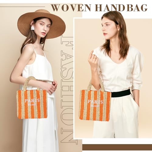 Straw Beach Bag for Women Summer Woven Tote Bag Packable Straw Purses and Handbags for Vacation Holiday - color: S-orange