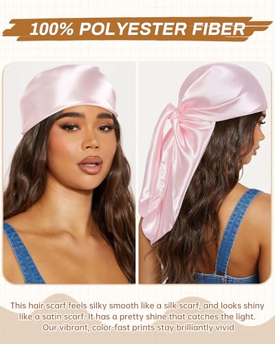 Mesovor 35” Square Head Scarf for Women, 3 Pack Like Silk Satin Headscarf Hair Neck Scarf Top Bandanas for Sleeping - color: Pink + Dusty Pink + Camel