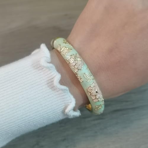 Vintage Flower Cuff Bangles Gold Plated Cloisonne Chinoiserie Peony Floral Elegant Bracelet Gifts For Women - color: light green