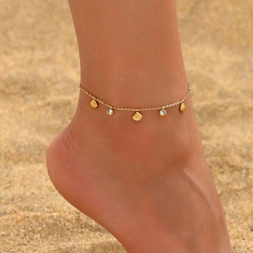 Gold Ankle Bracelets for Women 18K Gold Plated Waterproof Starfish Sea Shell Pearls CZ Diamond Dangle Anklets Trendy Summer Beach Foot Chain Jewelry Gift - style: Shell CZ Drop-Gold